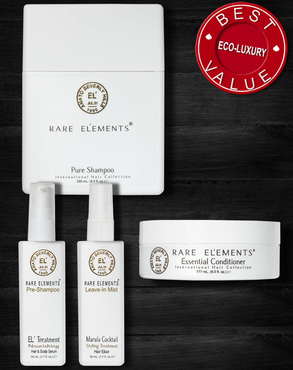 Rare Elements bundle collection for normal and fine hair. Includes a picture of 4 products, the El Treatment hair and scalp serum, Pure shampoo, Essential daily masque, and the Marula Cocktail leave in styling aid, which is discounted when purchasing this bundle.