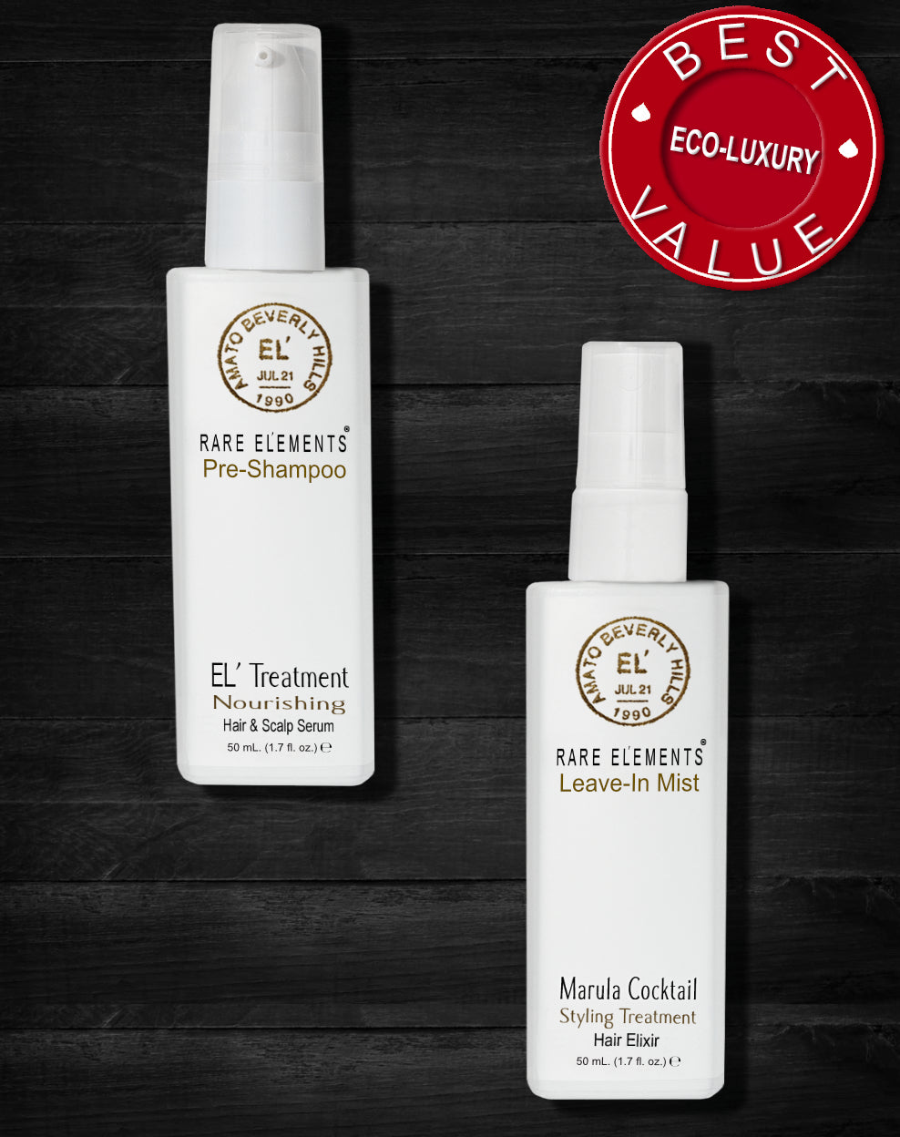 Two bottles of hair care treatments on a wooden surface, with the labels 'EL Treatment Pre-Shampoo Hair & Scalp Serum' and 'Marula Cocktail Leave-In Styling Mist'. There is a 'Best Value' badge present in the image which indicates a bundle and save discount. 