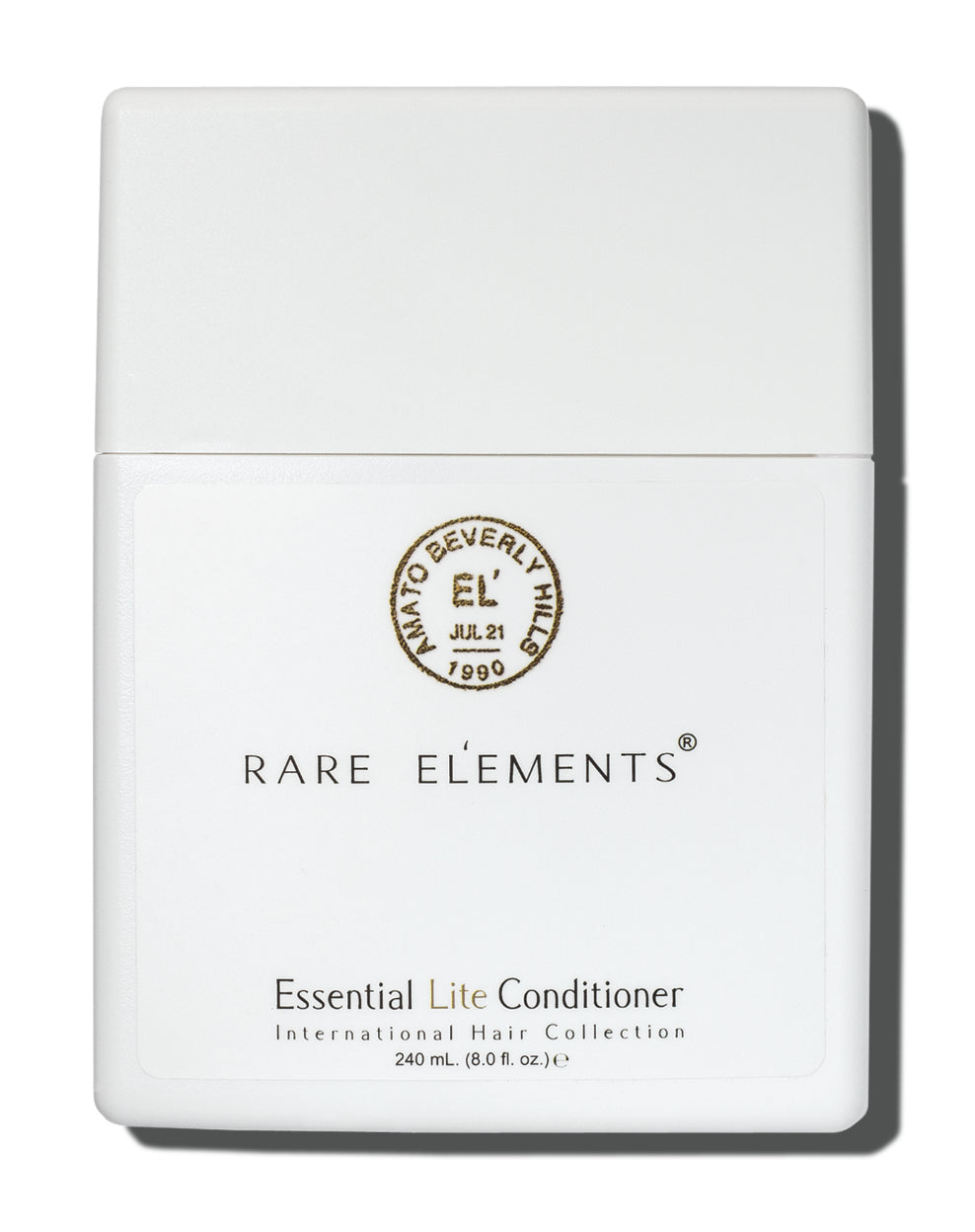 White conditioner bottle with 'Rare Elements' Essential lite conditioner on a white background