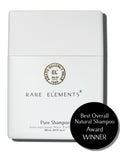 White container of Rare Elements Pure Shampoo with brand logo and award winning sticker for best overall natural shampoo.