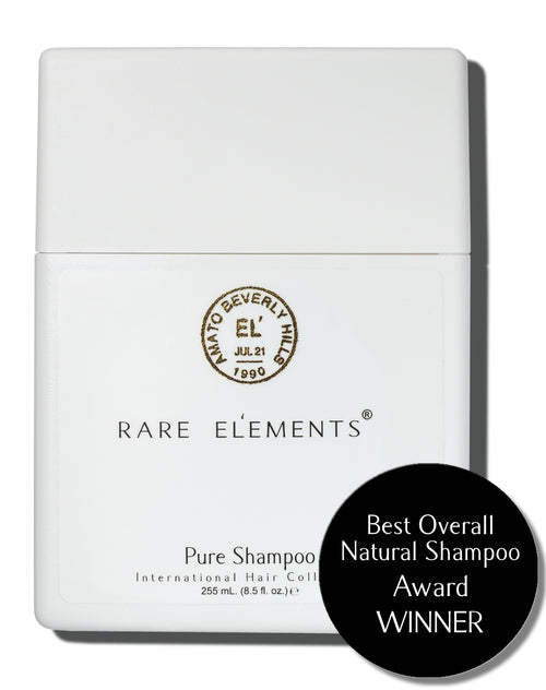 White container of Rare Elements Pure Shampoo with brand logo and award winning sticker for best overall natural shampoo.