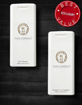 Two travel-size bottles of Rare Elements hair care products, Displaying the Pure Shampoo and Essential Lite Conditioner 3.3 oz.  white bottles with a 'Best Value' badge which offers a discount on the bundle set.