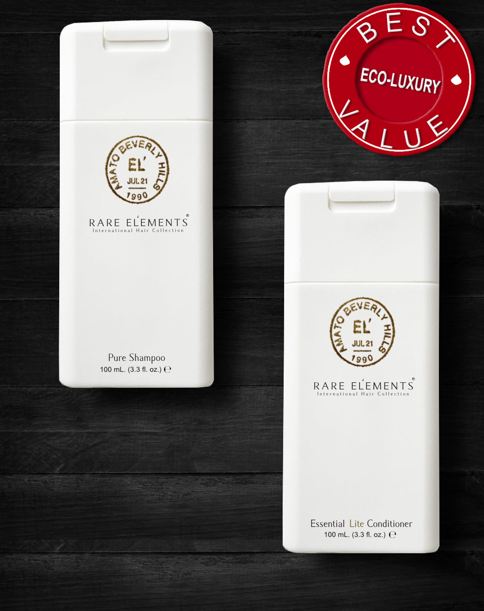 Two travel-size bottles of Rare Elements hair care products, Displaying the Pure Shampoo and Essential Lite Conditioner 3.3 oz.  white bottles with a 'Best Value' badge which offers a discount on the bundle set.