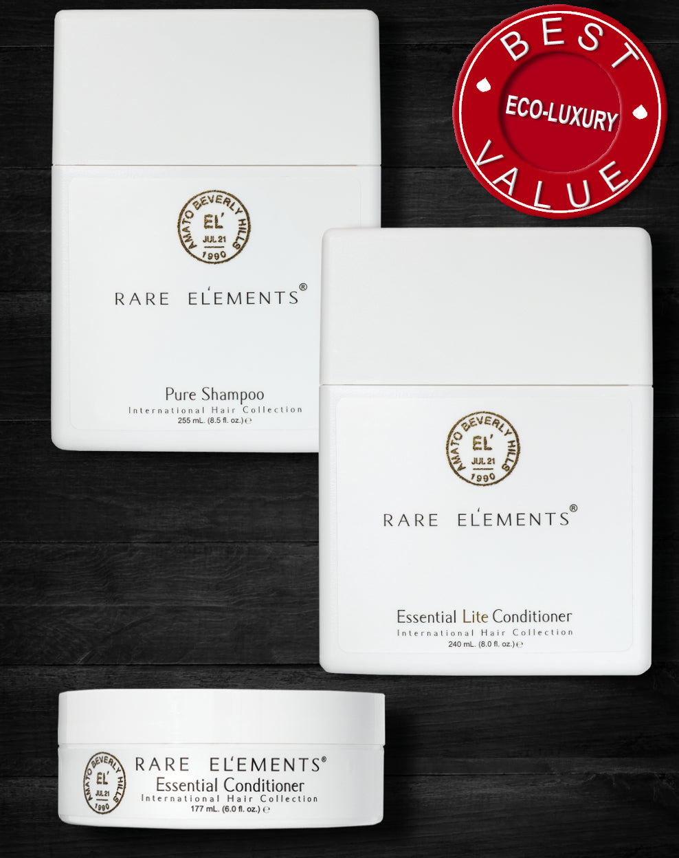 Three Rare Elements hair care products including a Pure Shampoo, Essential Reconstructing Daily Masque, and Essential Lite Conditioner, displayed as a discounted collection bundle set with a 'Best Value' badge.