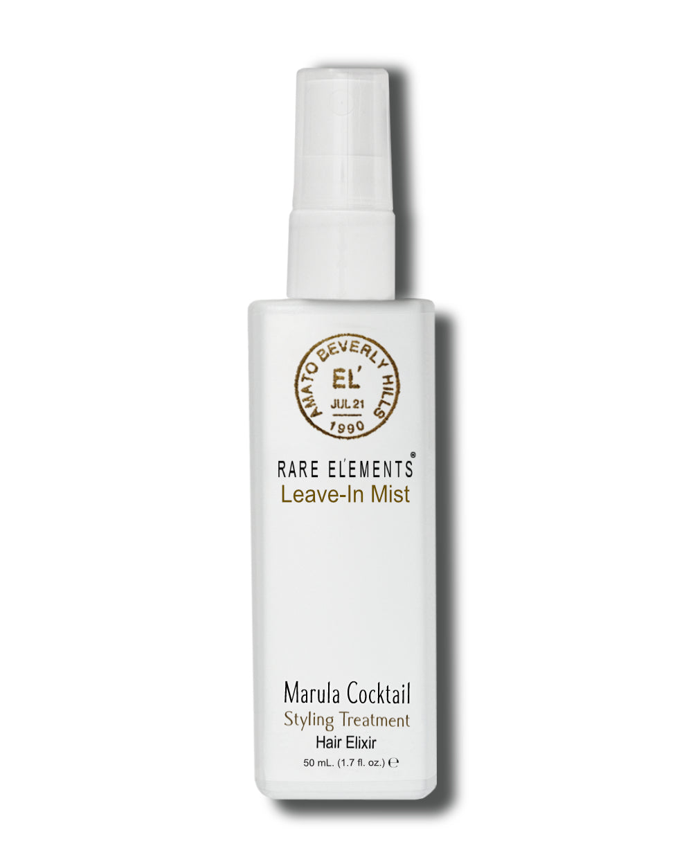 A white glass bottle with a spray mist  labeled 'Rare Elements Marula Cocktail Leave-In Styling Treatment'.