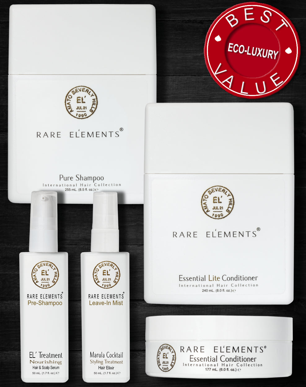 An assortment of luxury hair care products from Rare Elements, including shampoo, serums, and conditioners, with packaging in white and gold colors. Offers a Best Value Sticker indicating a savings when purchasing this pre-selected bundle.